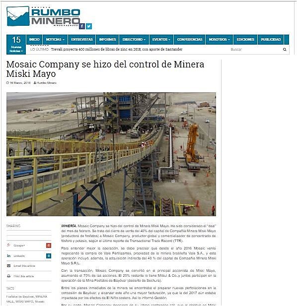 Mosaic Company se hizo del control de Minera Miski Mayo